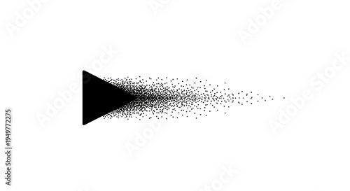 A black triangle emits a trail of small particles in a minimalist vector graphic design on a white background