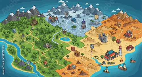 Fantasy World Map with Cartoon Mountains, Forests, Deserts, and Castles Illustration