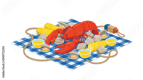 A vibrant red lobster lies on a blue checkered tablecloth surrounded by seafood and corn on the cob outdoors.