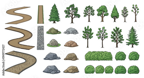 Set of 39 Vector Garden Landscape Elements with Paths, Trees, Rocks, and Bushes