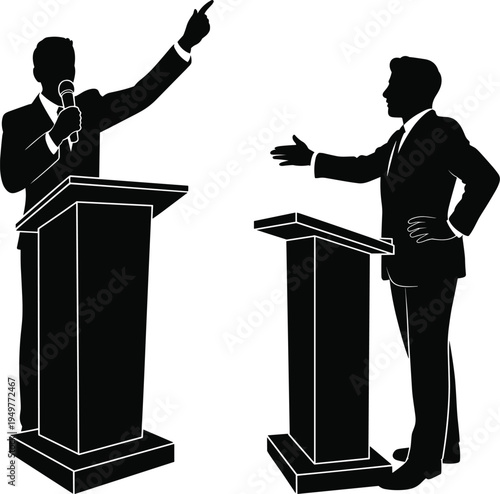 Political debate silhouette, politicians speaking at podium, public speech, argument, election, leadership, discussion, conference, business presentation, vector, isolated, black