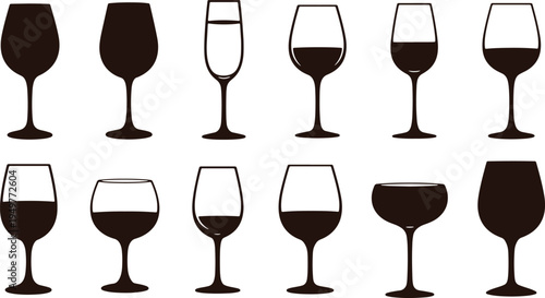 Collection of wine glasses with varying levels of filled red and white wine