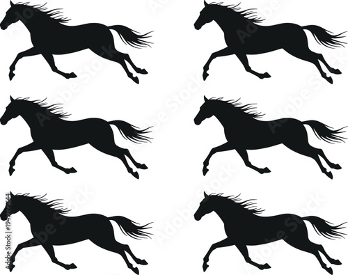 Running horse silhouette set, galloping horse collection, wild mustang, animal motion, equestrian symbol, farm, ranch, vector, isolated, black, speed, power