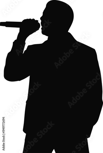 Singer silhouette with microphone, male vocalist performing, music concert, rapper holding mic, stage performance, entertainment, musician, singing person illustration vector