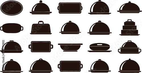 Collection of diverse kitchen cookware and serving dish icons in black and white