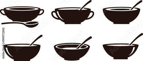 Six bowls with spoons and stirrers in various styles of soup or beverage presentation