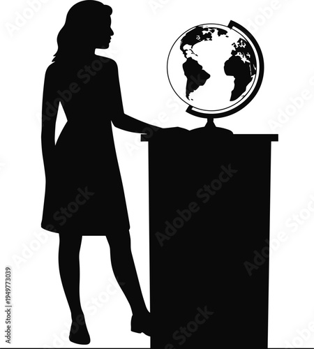 Woman teacher with globe silhouette, geography lesson concept, education, school classroom, world map study, learning, instructor, vector, isolated, black, knowledge