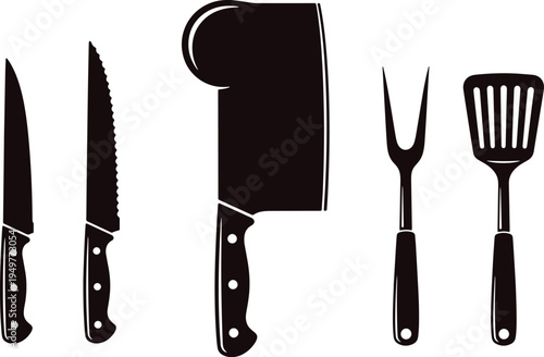 Assorted kitchen knives and utensils in black and white silhouette design