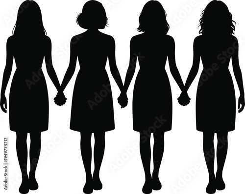 Women holding hands silhouette, female friendship, unity, support, sisterhood, teamwork, togetherness, solidarity, people group, empowerment, community, vector, isolated, black, concept
