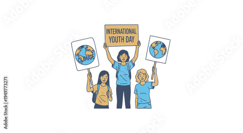 International Youth Day Protesters with Earth Signs vector illustration