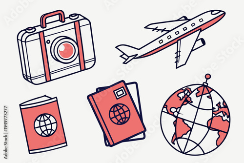 Travel including luggage, airplane, passport, and globe