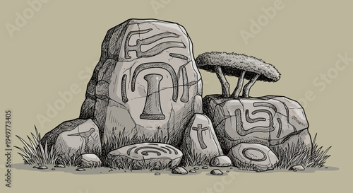 Funny hand drawn vector illustration of a cartoon zombie monster and Halloween ghost with an ancient stone statue head design inspired by old Thailand culture