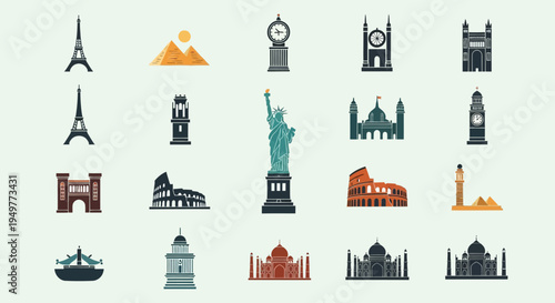 A professional set of vector icons featuring famous global landmarks and monuments including the Eiffel Tower in Paris, historic London architecture, and symbolic buildings from Italy and Egypt