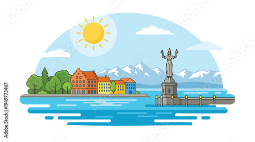A sunny illustration depicts a scenic landscape with a statue overlooking a body of water and buildings on the shore.