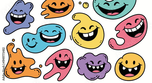 Collection of cute cartoon Halloween monster faces and funny animal characters featuring a smiley vector illustration set of icons with diverse emotions for child design