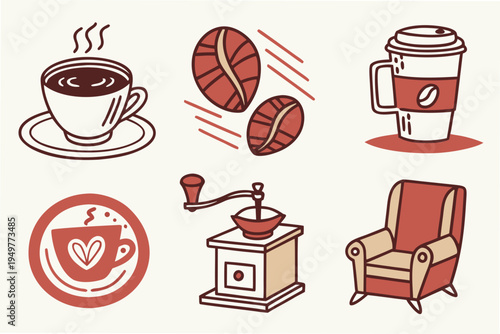 Coffee and coffee shop symbols line red and brown