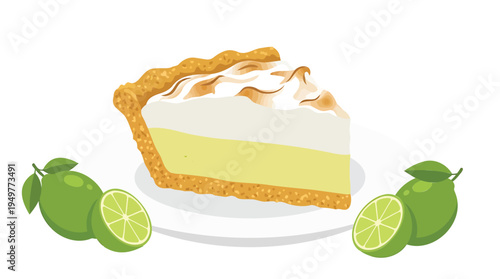 A slice of Key lime pie with meringue topping on a plate surrounded by limes.
