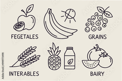Food with labels fruits vegetables grains