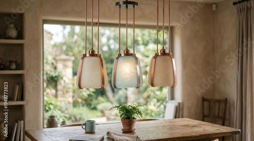 Rustic charm and ambient lighting enhance a cozy dining space with natural light pouring through a