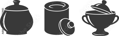 Classic kitchen containers and sugar bowl with lids displayed in a row