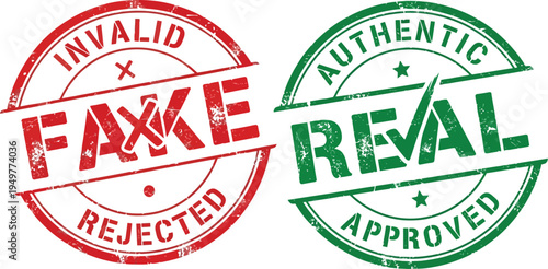 Vector graphic illustration comparing grunge red fake rejected stamp next to a green authentic real approved seal design
