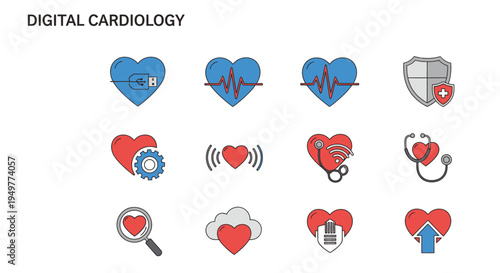 Cardiology Heart Health Icons with Medical Monitoring and ECG Symbols