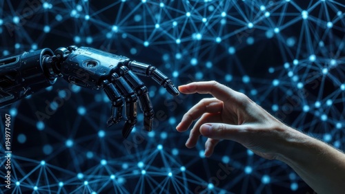Futuristic human and robotic hand interaction amidst neural network connections.