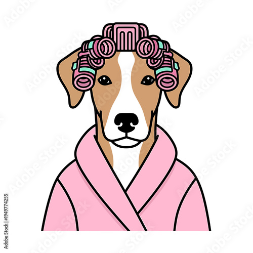 Stylish Dog in Robe and Hair Curlers vector illustration