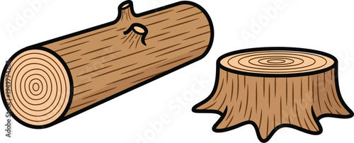Simple vector illustration depicting a cut wooden log lying horizontally next to a freshly cut tree stump isolated on white