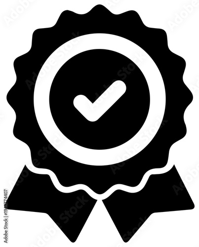 A black and white vector graphic of a rosette award ribbon with a checkmark