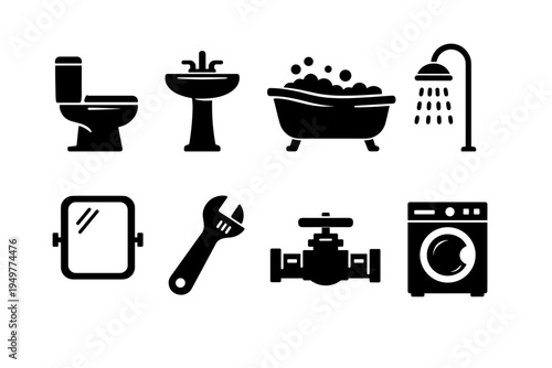 Black Bathroom and Plumbing Icon Set Featuring Toilet, Pedestal Sink, Bathtub with Bubbles, Shower Head, Wall Mirror, Adjustable Wrench, Water Pipe Valve, and Front Load Washing Machine Vector.