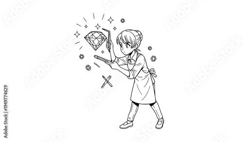 Dynamic anime jeweler inspecting gemstone line art adult coloring book vector illustration