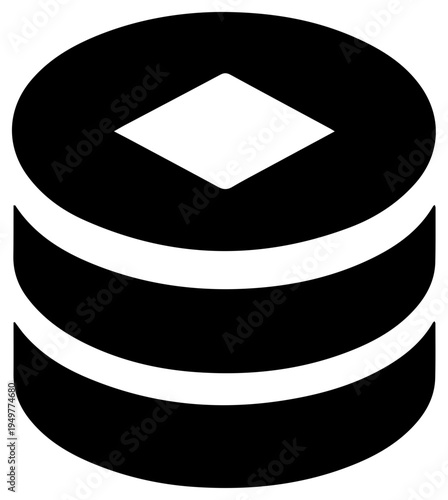 A black and white vector graphic of a database icon with a diamond on top