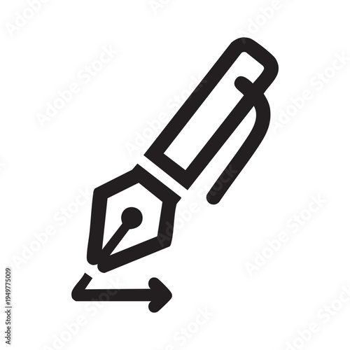 A black and white line art vector icon depicting a fountain pen nib drawing a directional arrow