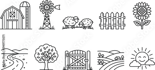Farm outline icon collection, rural countryside elements including barn, windmill, sheep, fence, sunflower, tree, gate, landscape vector line illustration
