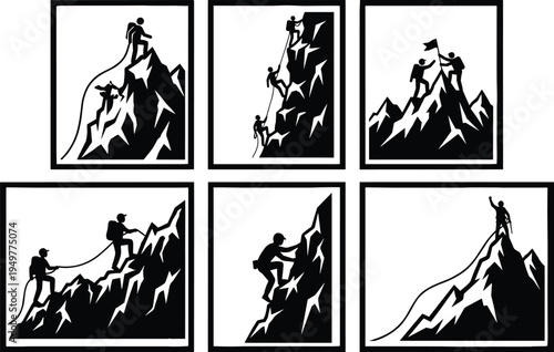 Mountain climbing silhouette set, rock climbers ascending steep peaks, adventure mountaineering success concept, outdoor exploration vector illustration collection