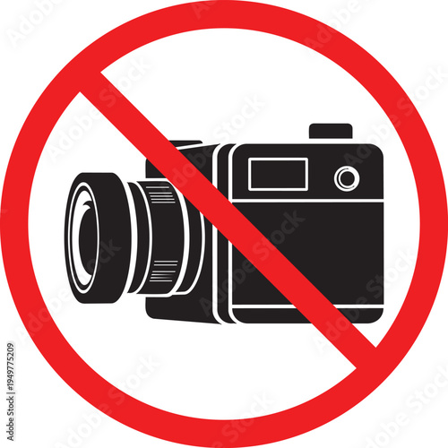 No photography allowed sign prohibition symbol with a camera icon crossed out indicating restricted areas for filming or image capture white background