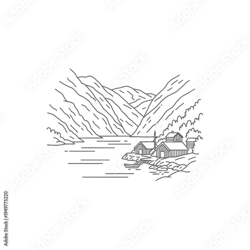 Minimalist Landscape with Lake and Mountain Outlines vector illustration