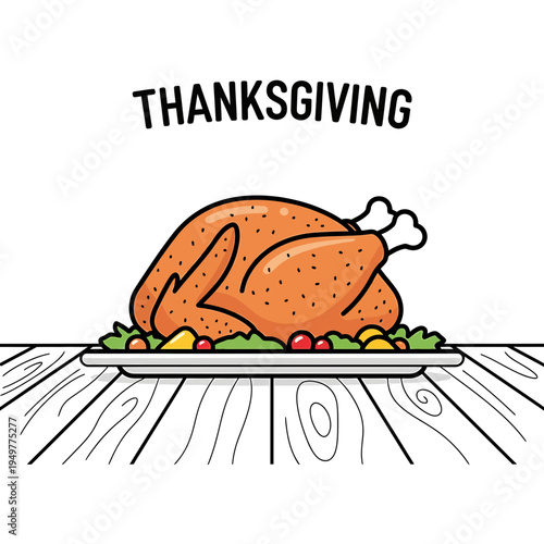 Festive Thanksgiving Turkey Dinner on Wooden Table vector illustration