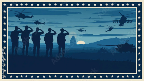Silhouetted soldiers saluting against a twilight battlefield, with helicopters flying overhead and a tank in the distance