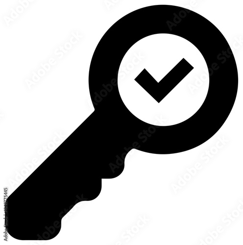 Service account key icon with checkmark symbol representing access security authentication and verified credentials for digital systems and online platforms clean vector graphic