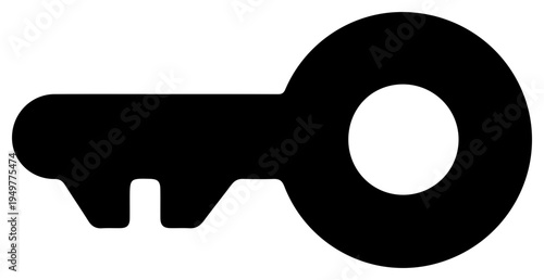 Simple solid black silhouette of a classic key icon with a circular bow and a notched bit representing access security and unlocking secrets isolated on a clean white background