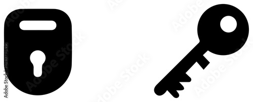 Conceptual graphic of a black padlock icon and a black key icon isolated on a pure white background representing security access and solutions