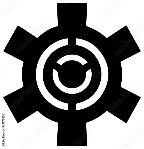 Abstract black cogwheel gear symbol with concentric circles and internal structure representing technology industry engineering and mechanical systems isolated on a white