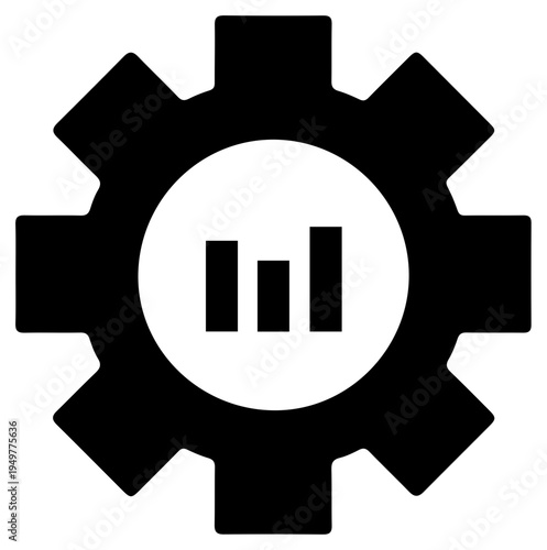 Abstract representation of a black gear mechanism integrated with a circular white interface displaying a bar chart graphic symbolizing industrial operations data analysis
