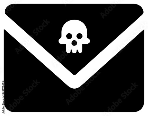 Digital communication security threat concept represented by a black envelope icon with a white skull symbol indicating danger and malicious intent in online messaging