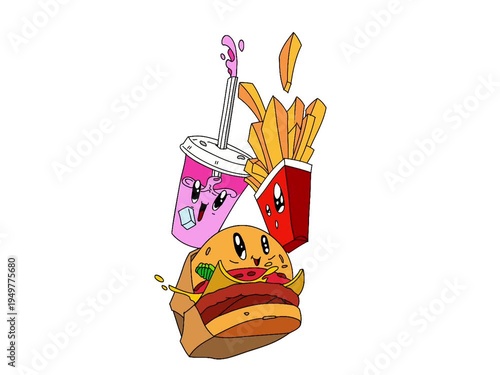 Cute cartoon fast food animation featuring a smiling burger, crispy french fries, and a soda drink cup with a straw. The colorful characters bounce and fall playfully on a clean white background, crea