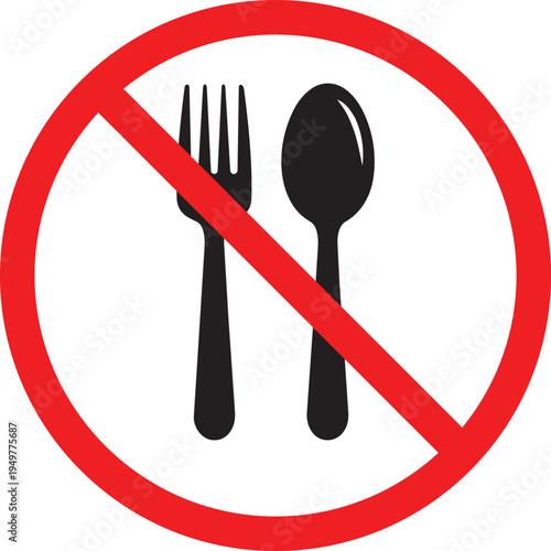 No food or eating allowed sign prohibition symbol with fork and spoon crossed out isolated on white background for warning and restriction concepts