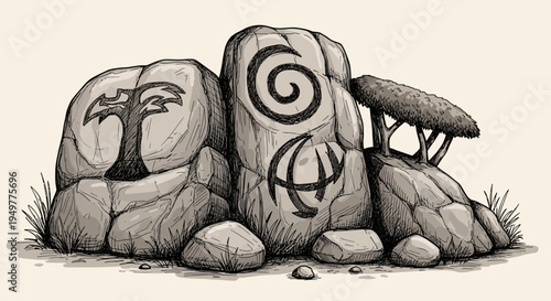 Bild auf Leinwand Black and white illustration of an ancient wooden totem mask statue head carving