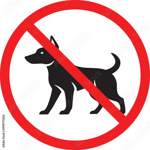No dogs allowed sign prohibition symbol with a black dog silhouette inside a red circle and diagonal line isolated on white background for warning and restriction